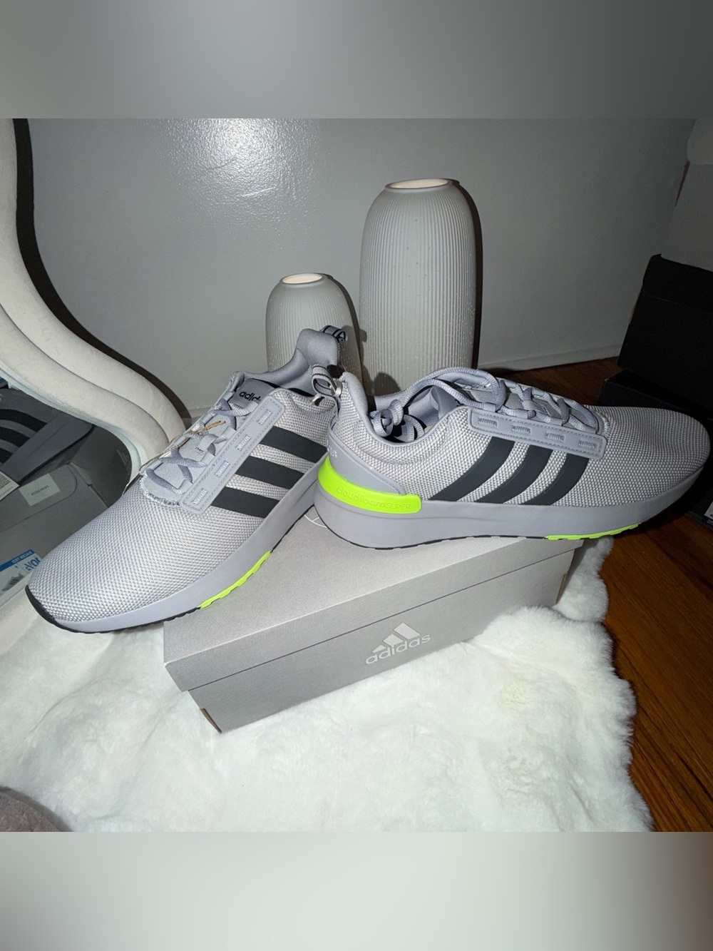 adidas Men’s Light Gray Athletic Sneakers with Neon Yellow Accents